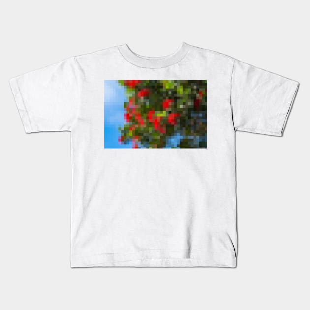 Bright red flowers on trees mosaic against blue sky Kids T-Shirt by brians101